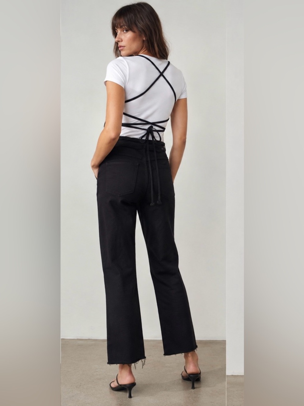 MOTHER Black Denim Square Neck Backless Tie Jumpsuit Overalls Size 27 EUC - Picture 3 of 10